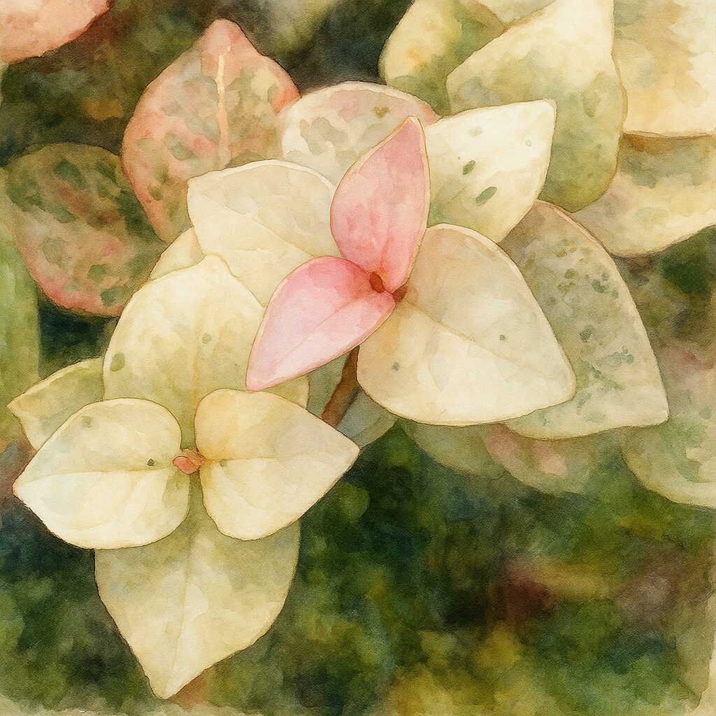 日本で秋にハツユキカズラの白い葉が淡いピンク色に染まった様子を水彩画風に描いたイラストです