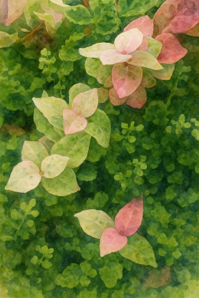 日本で秋にハツユキカズラの淡いピンク色の葉が群生する様子を水彩画風に描いたイラストです