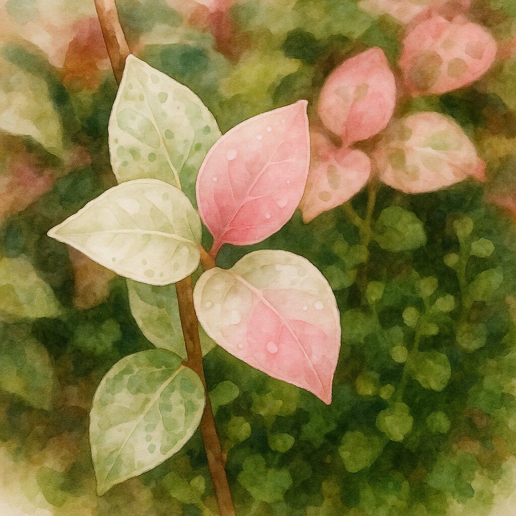 日本で秋にハツユキカズラの白い葉と淡いピンク色の新芽が伸びる様子を水彩画風に描いたイラストです