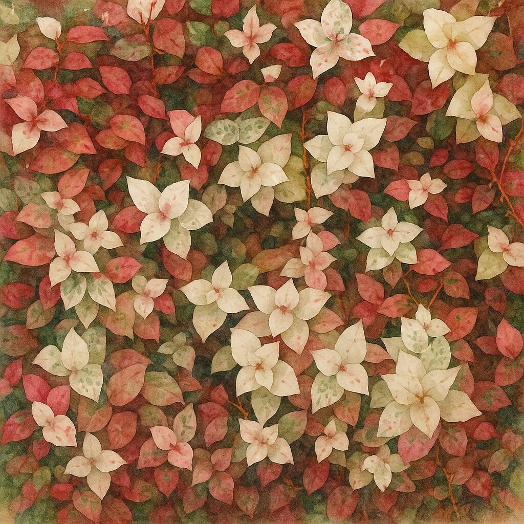 日本で秋にハツユキカズラの白と淡いピンク色の葉が一面に群生する様子を水彩画風に描いたイラストです