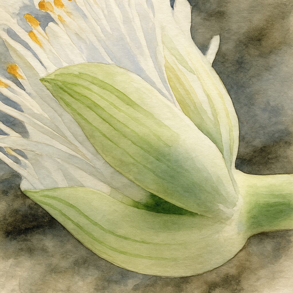 日本で秋にマユハケオモトの萼片を大きく描いた接写構図の水彩画イラスト