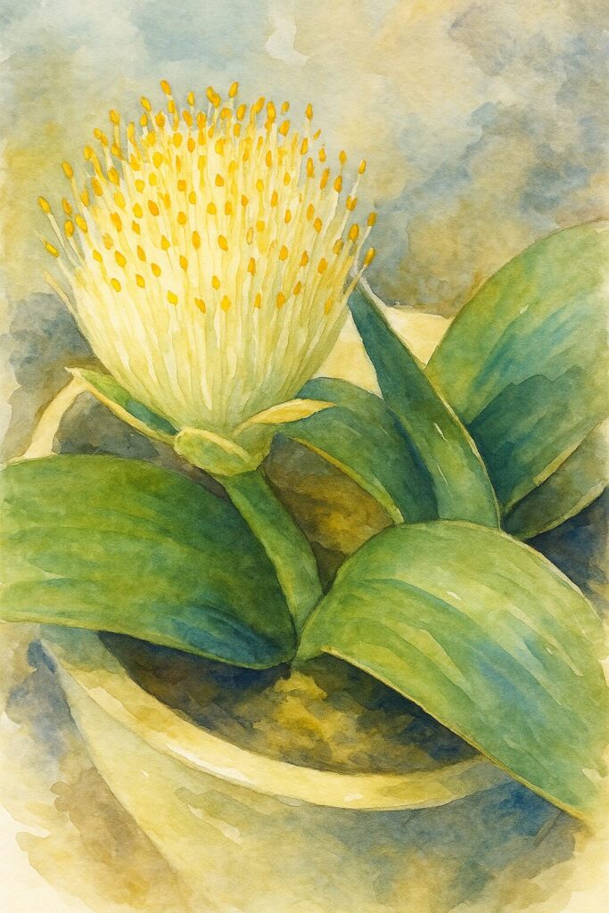 日本でマユハケオモトが白く丸い花を咲かせている様子を水彩画風に描いたイラスト