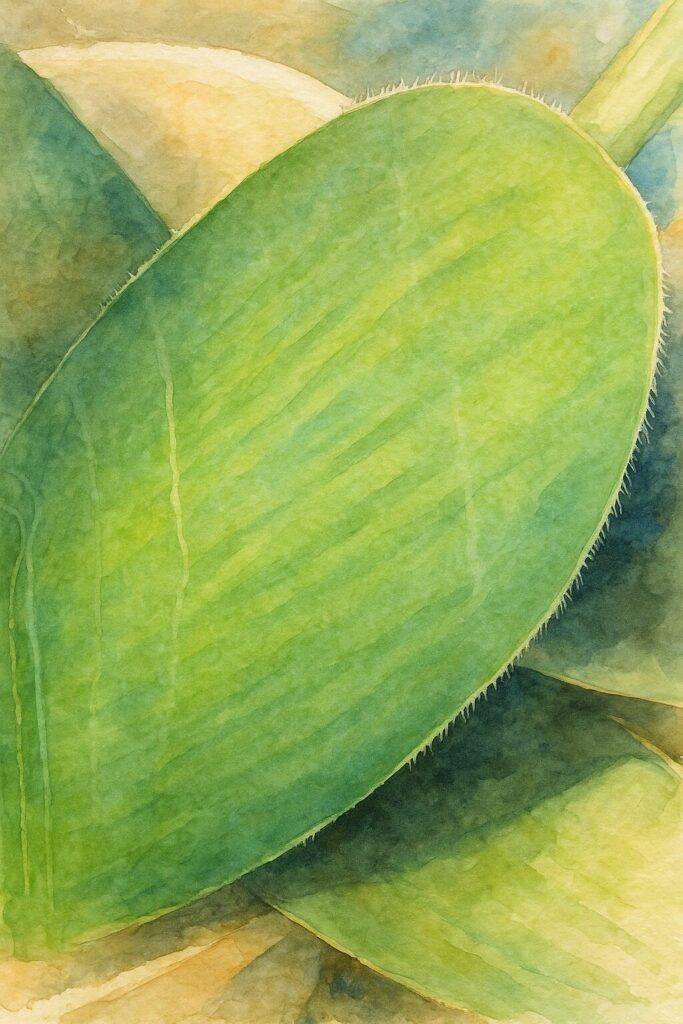 日本でマユハケオモトの丸い肉厚な葉を水彩画風に描いたイラスト