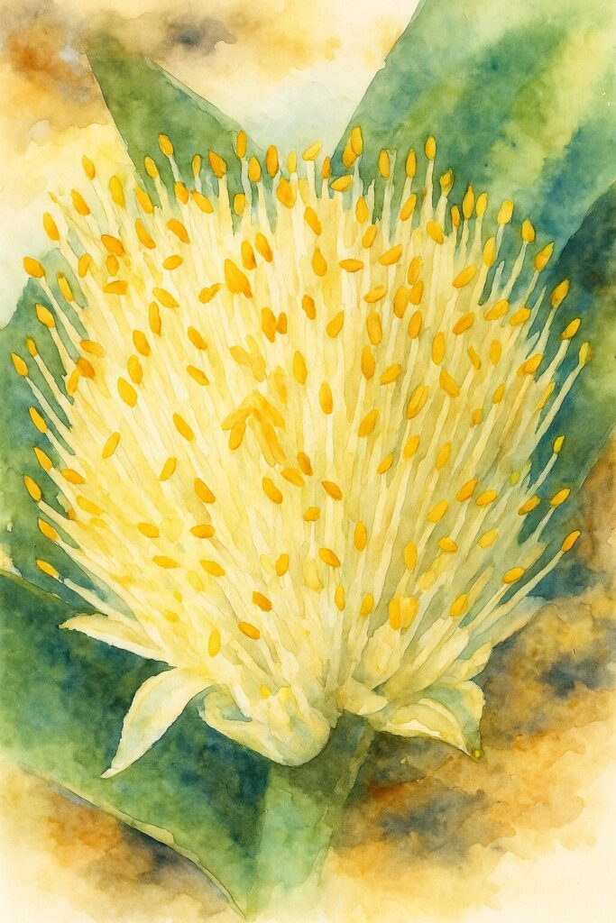 マユハケオモトを水彩画風に描いたイラスト｜黄色いおしべが目立つ白い花の植物画