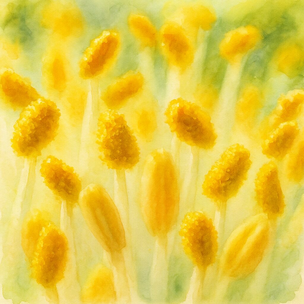 マユハケオモトのおしべを水彩画風に描いたボタニカルイラスト｜黄色い花粉が強調された構図