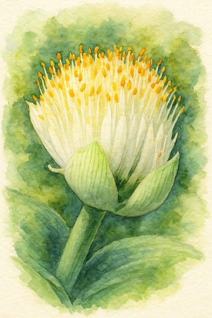 マユハケオモトを水彩画風に描いた植物イラスト｜白い花と黄色いおしべが立体的に表現されたボタニカルアート