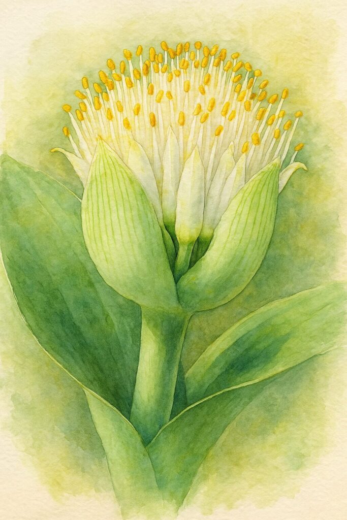 マユハケオモトの花を仰角で描いた水彩ボタニカルイラスト｜白い花と黄色いおしべが立体的に表現された植物画