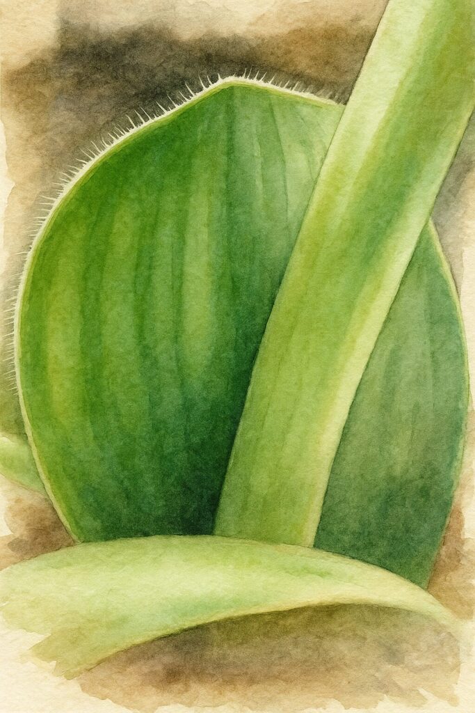 日本で秋にマユハケオモトの葉と茎の縁の毛を接写構図で描いた水彩画イラスト