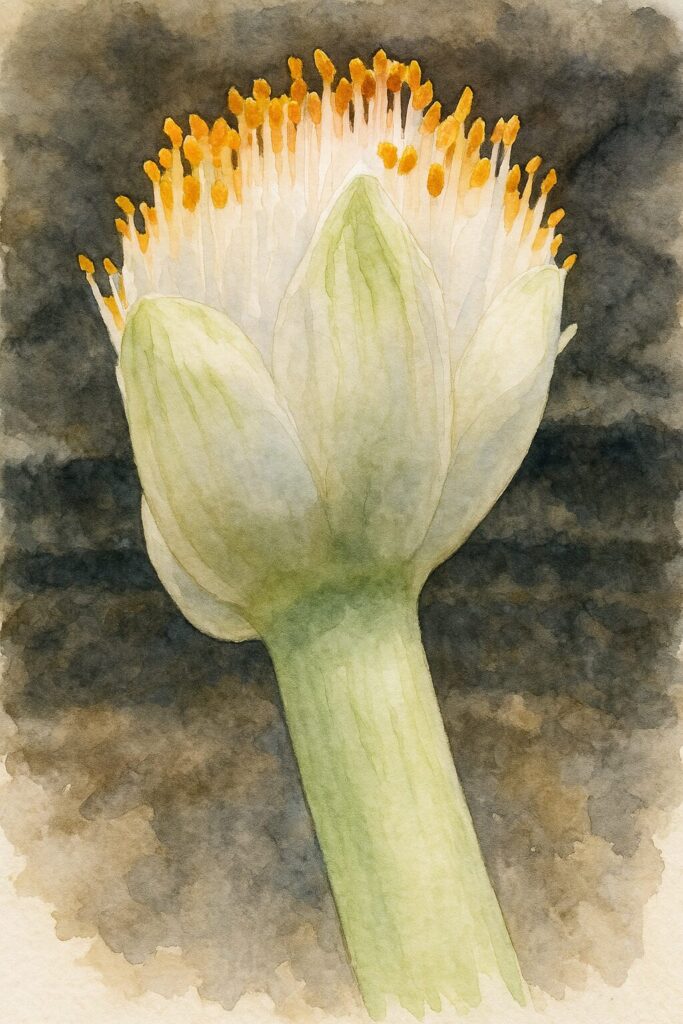 日本で秋にマユハケオモトの白い花を下から見上げる角度で描いた水彩画イラスト