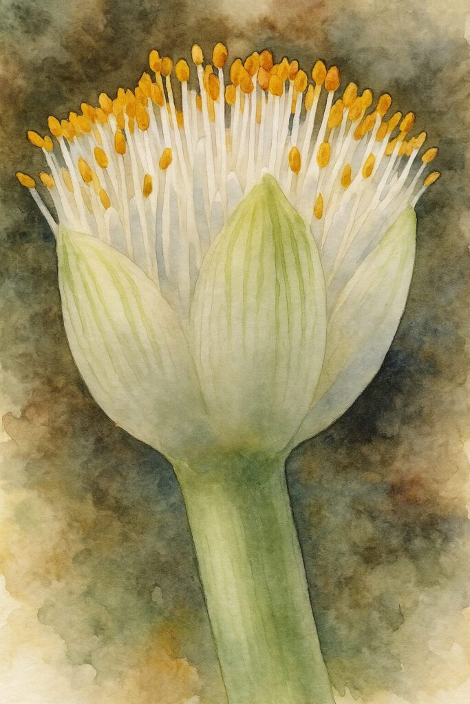 日本で秋にマユハケオモトの花粉量が多く盛り上がった状態を描いた水彩画イラスト