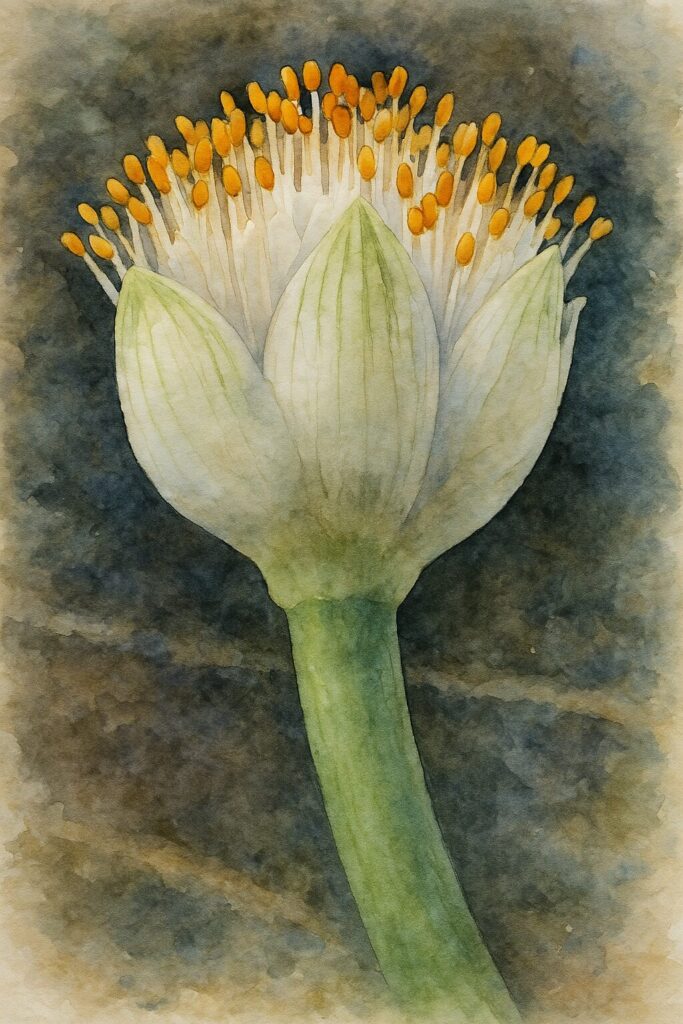 日本で秋にマユハケオモトの花粉が横方向に広がった状態を描いた水彩画イラスト