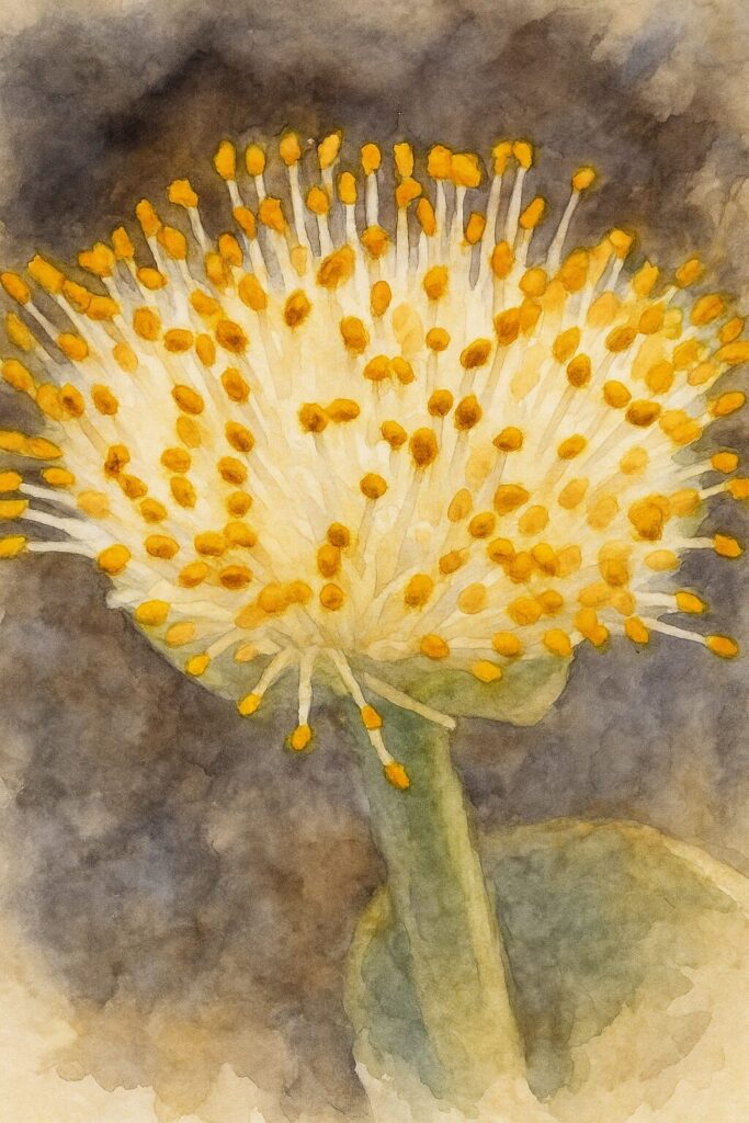 日本で秋にマユハケオモトの花粉が球状に密集した状態を描いた水彩画イラスト