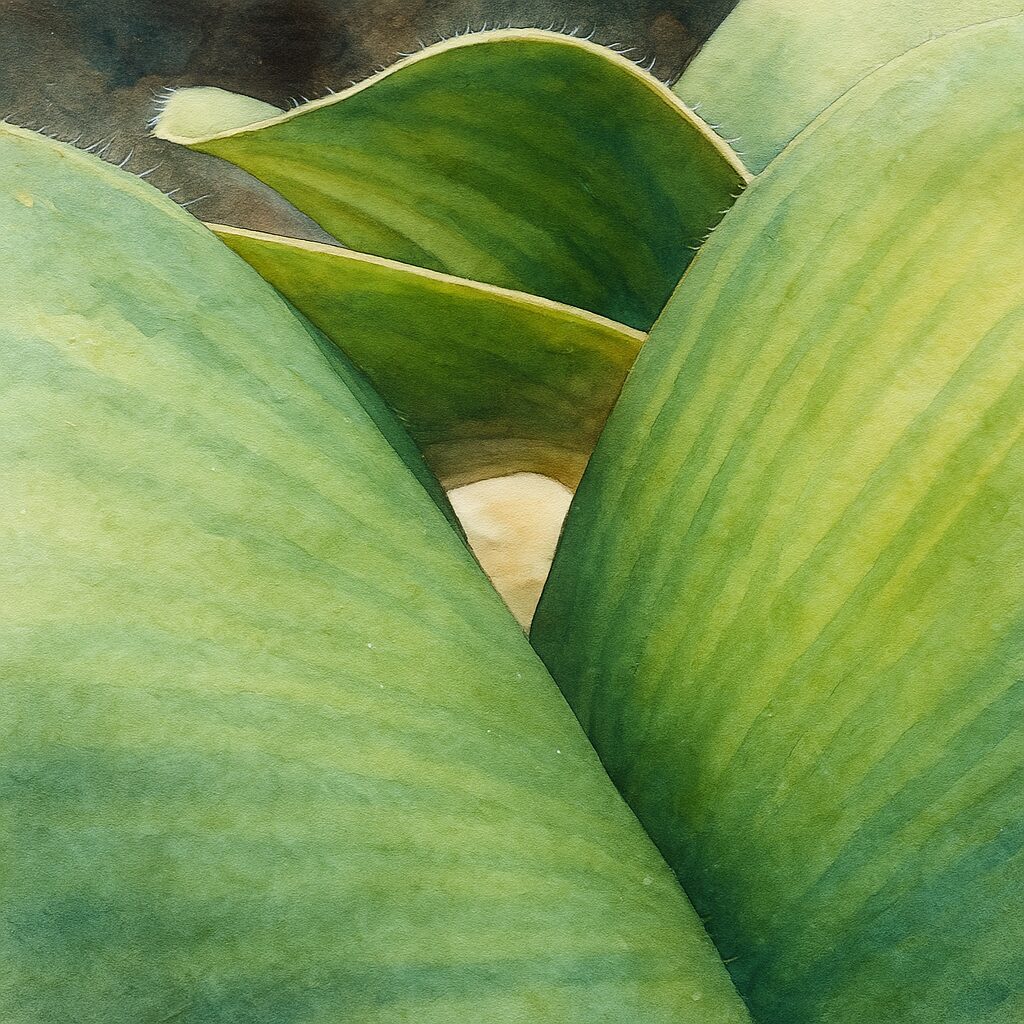 日本で秋にマユハケオモトの葉と葉の谷間の奥行きを描いた水彩画イラスト