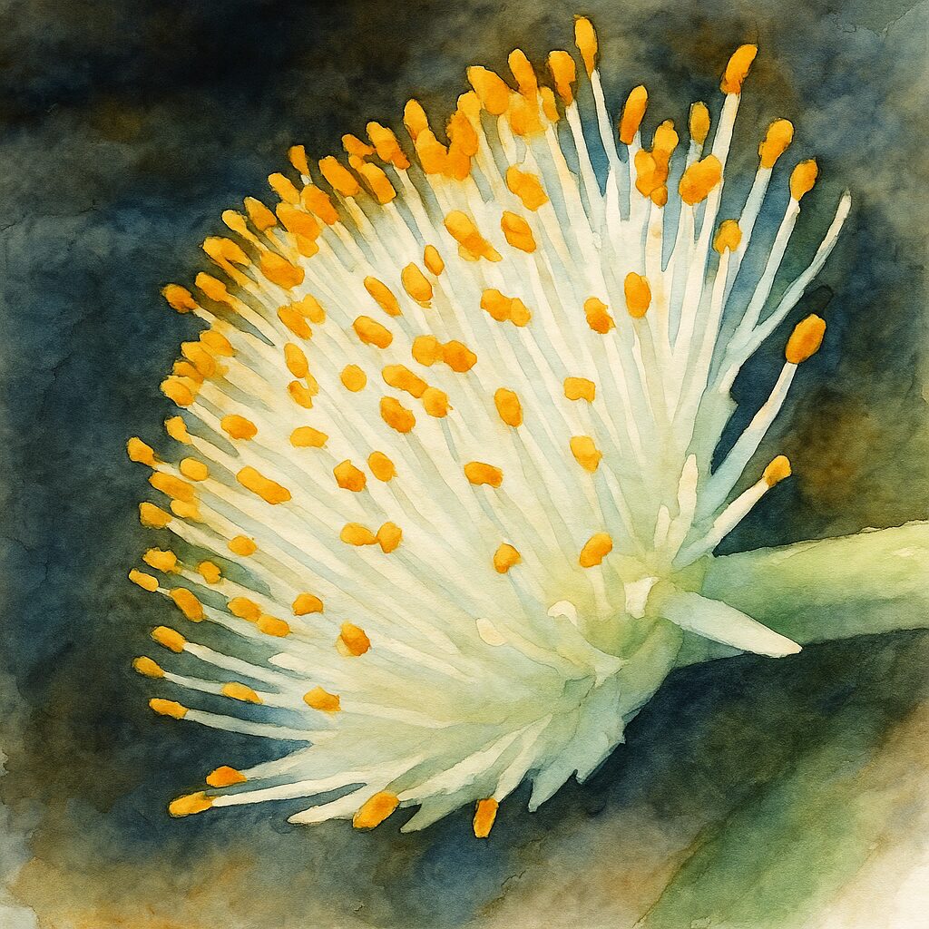 日本で秋にマユハケオモトの白い花と黄色い花粉を水彩画風に描いたイラスト