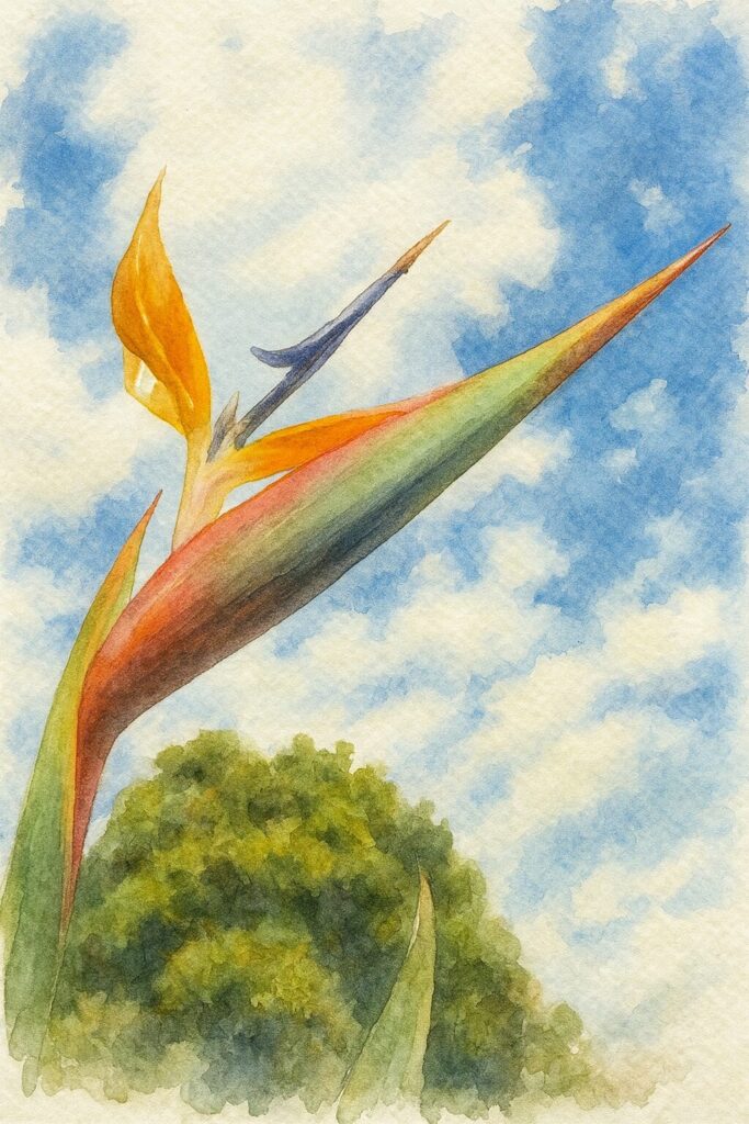 青空に向かって咲くストレリチアを描いた水彩画風イラスト