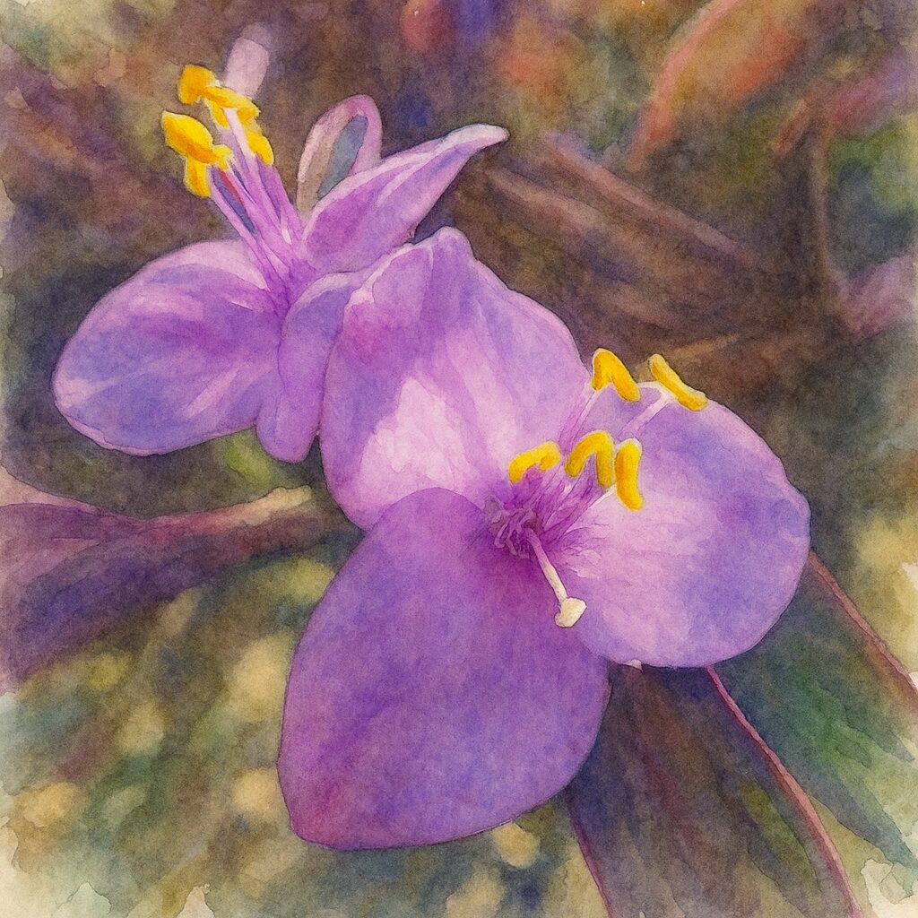 ムラサキゴテン（トラデスカンチア・パリダ）の花を描いた水彩画風イラスト。重なり合う紫の花弁と細い雄しべ、鮮やかな黄色の葯を柔らかな色彩で表現したクローズアップ構図