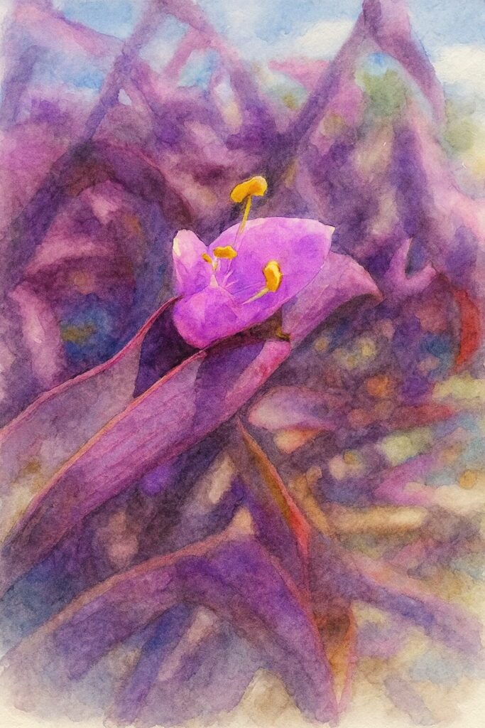 ムラサキゴテン（トラデスカンチア・パリダ）の花を描いた水彩画風イラスト。紫の葉の中に咲く淡紫色の花と黄色い雄しべを、やわらかなにじみと透明感のある色彩で表現したクローズアップ構図