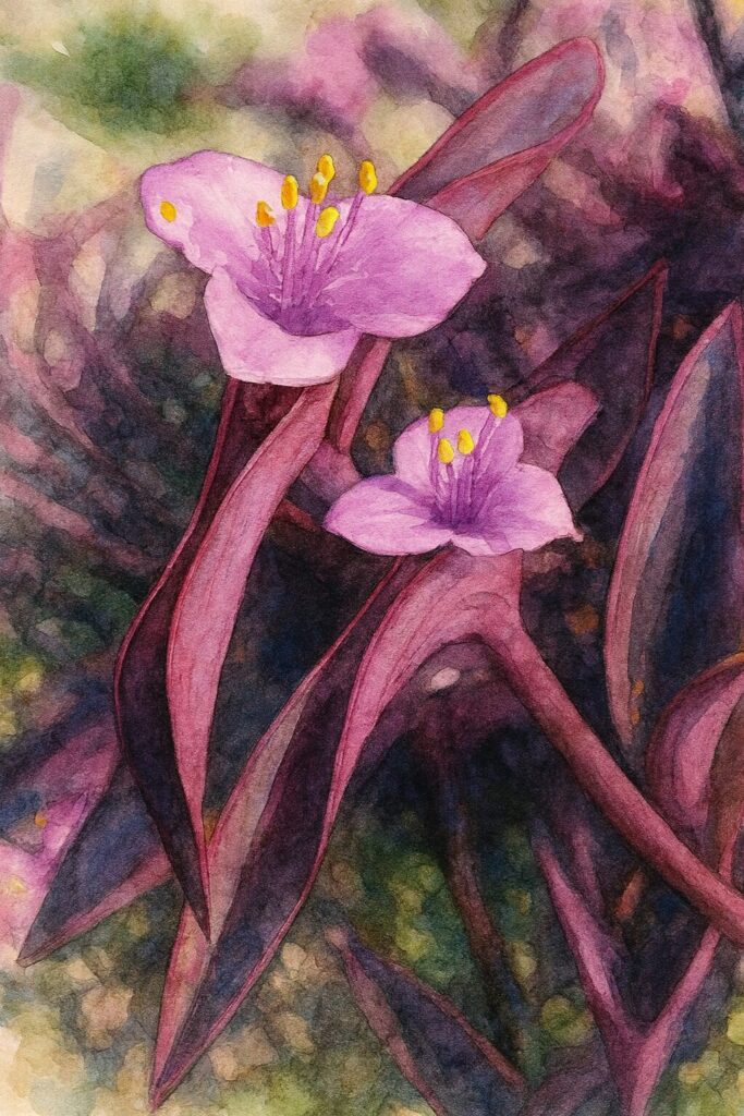 ムラサキゴテン（トラデスカンチア・パリダ）の2輪の花を描いた水彩画風イラスト。紫の葉の中に咲く淡紫色の花と黄色い雄しべを、やわらかなにじみと透明感のある色彩で表現したクローズアップ構図