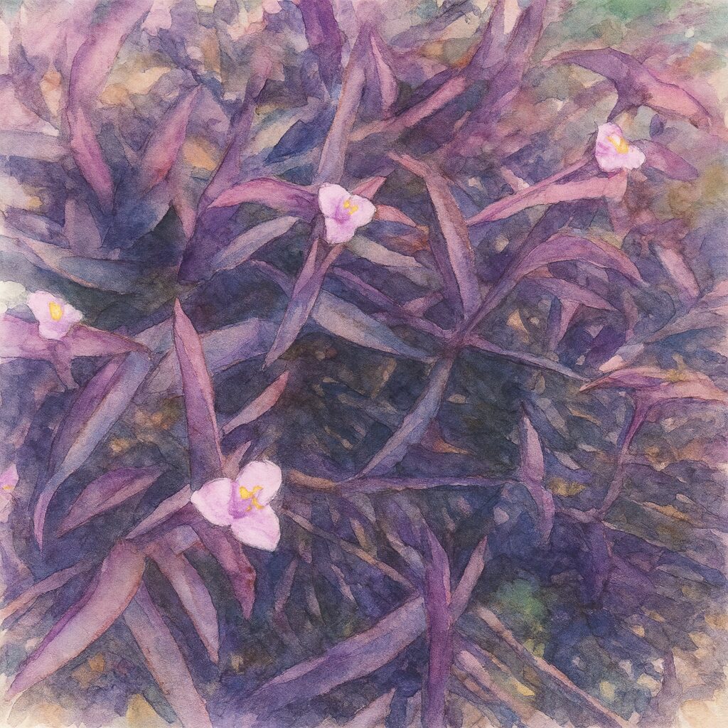 ムラサキゴテン（トラデスカンチア・パリダ）の群生を描いた水彩画風イラスト。紫の葉が重なり合う中に淡い紫色の花が咲く様子を、柔らかな色彩とにじみ表現で表現した俯瞰構図
