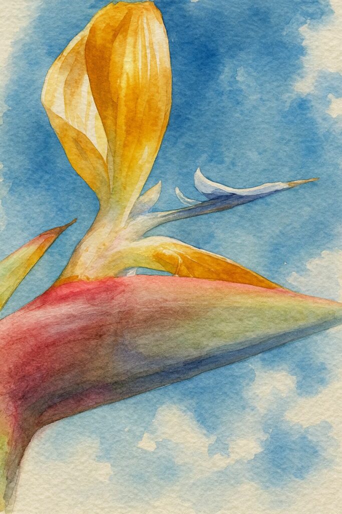 青空の下ストレリチアの花をクローズアップで描いた水彩画風イラスト