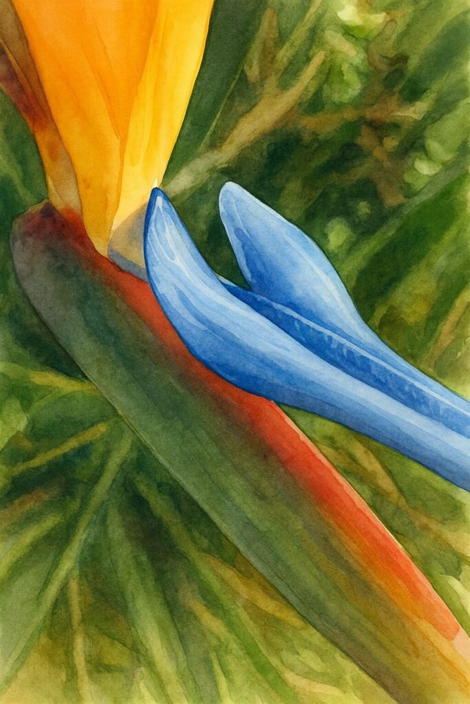 ストレリチアの青い副花冠とオレンジの花びらをクローズアップで描いた水彩画風イラスト