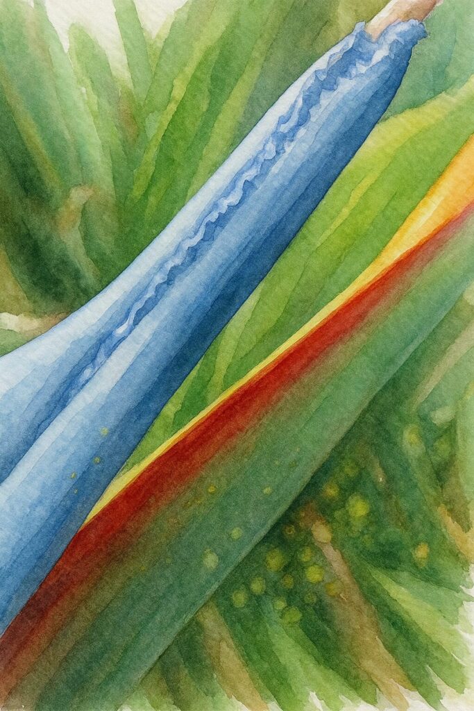 ストレリチアの青い副花冠と赤い苞を接写した水彩画風イラスト