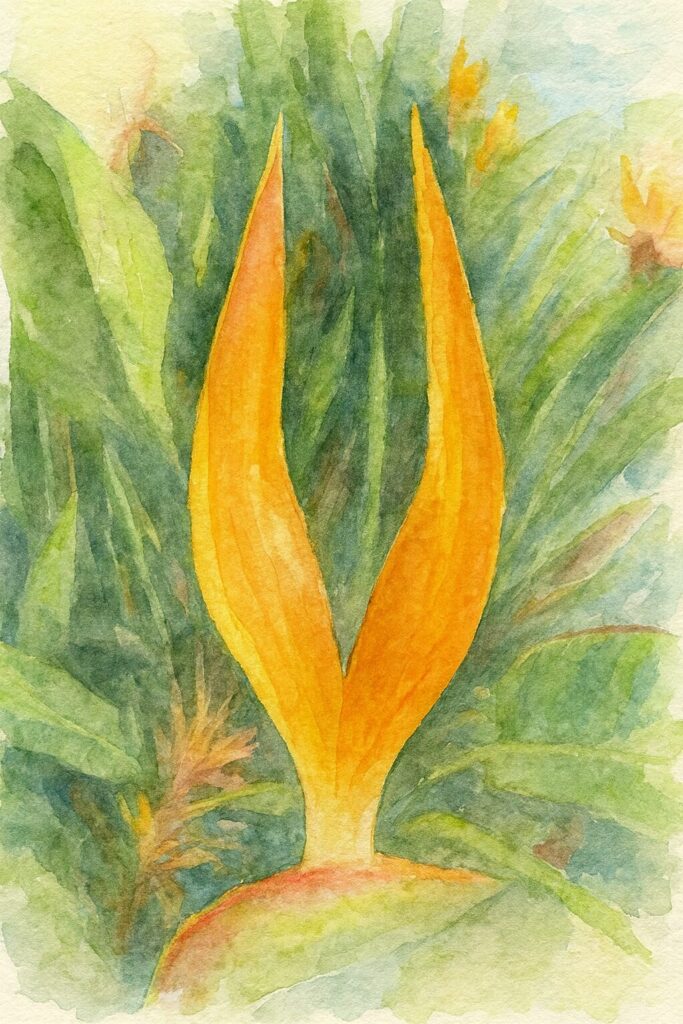 ストレリチアのオレンジ色の花弁を正面から描いた水彩画風イラスト