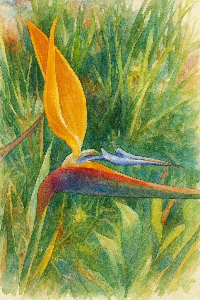 草むらを背景にストレリチアを横から描いた水彩画風イラスト