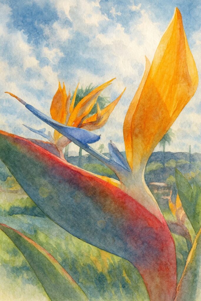 逆光の光を受けたストレリチアの花を横から描いた水彩画風イラスト