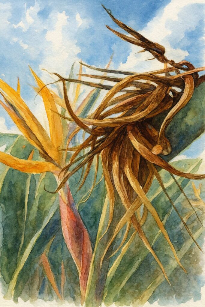 ストレリチアの枯れた花殻と咲く花を青空背景で描いた水彩画風イラスト