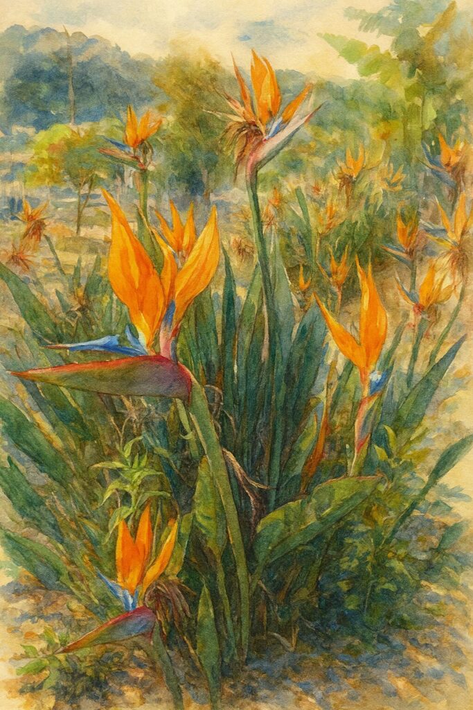 庭で群生するストレリチアの花を明るい日差しの下で描いた水彩画風イラスト