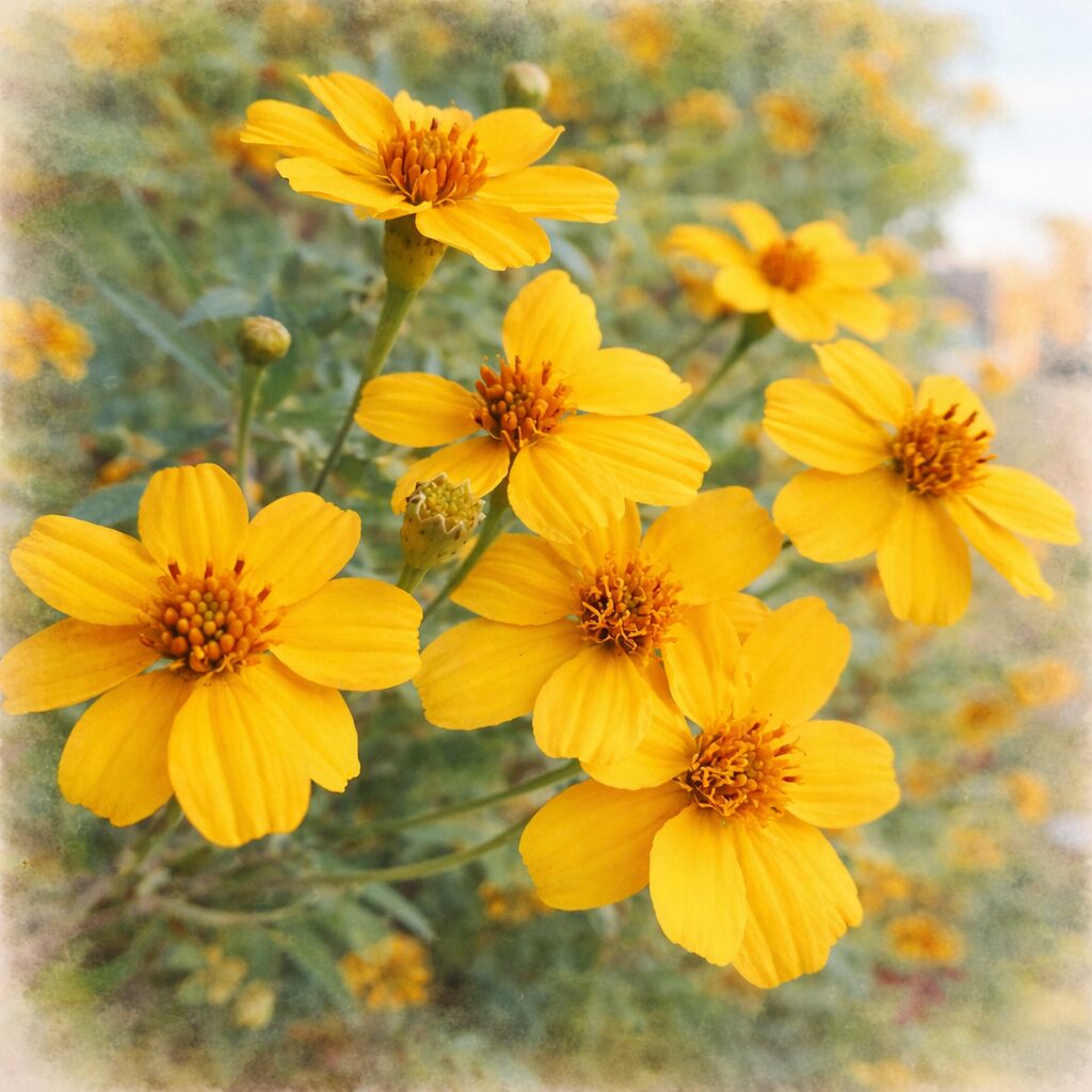 レモンマリーゴールドの花々を描いた、優しい質感の手描き水彩画風イラスト。複数の黄色い花を主役に、花芯や蕾をやわらかく表現し、背景をふんわりぼかした正方形の絵画表現。