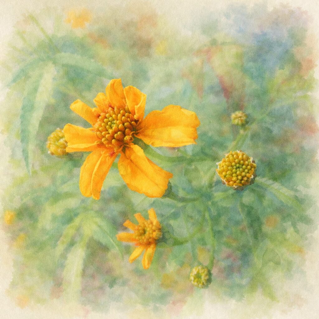 レモンマリーゴールドをモチーフにした、優しい質感の手描き水彩画風イラスト。黄色い花を主役に、蕾と葉をふんわりと描いた正方形の柔らかな絵画表現。